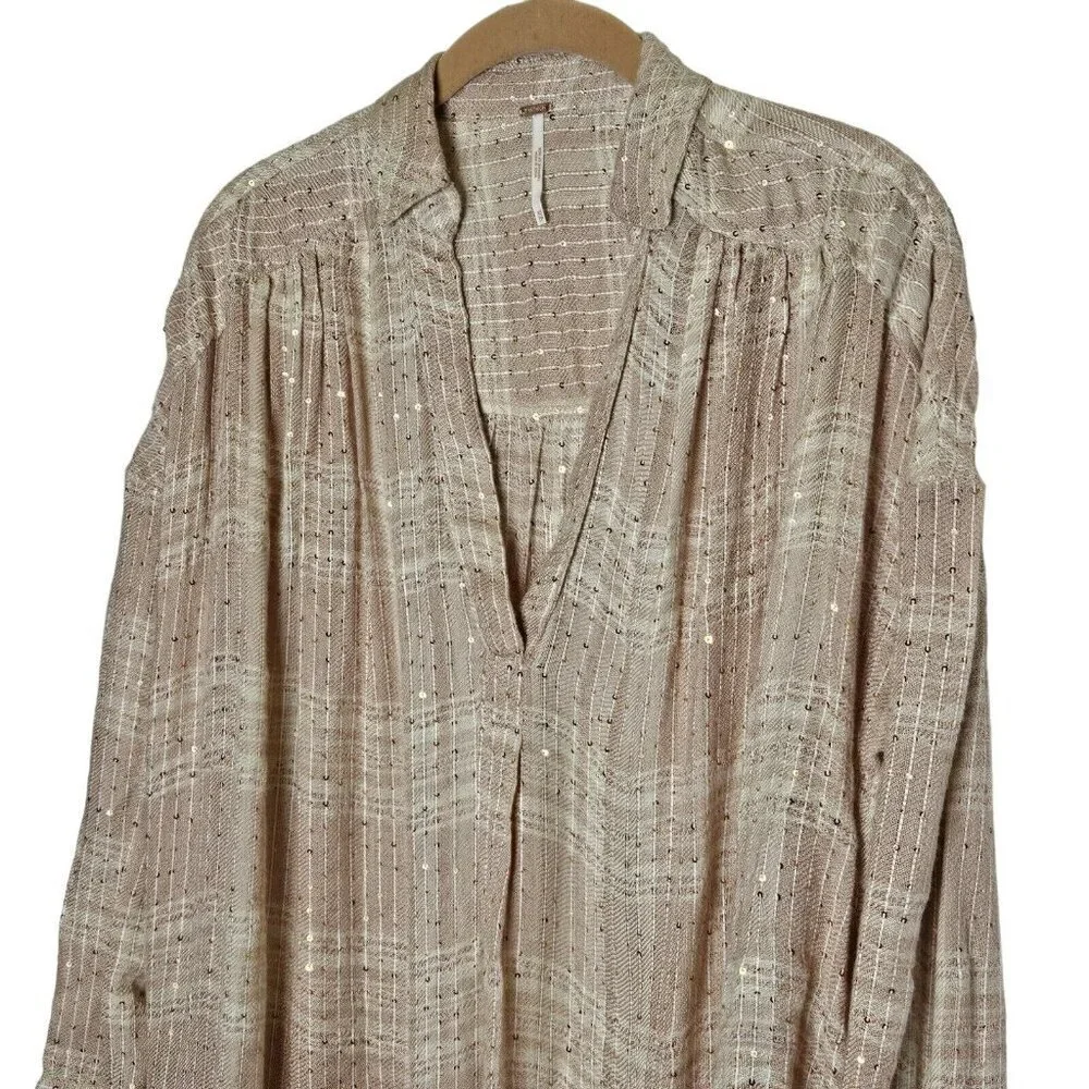 Free People Women's Fearless Love Plaid Woven Shirt Beige/Pink‎ Sequins XSmall
